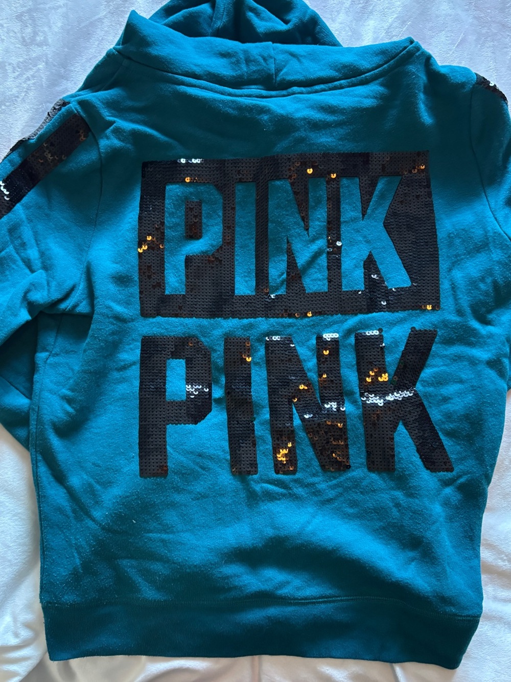 PINK Victoria's Secret Teal Hoodie with Black Sequin Logo